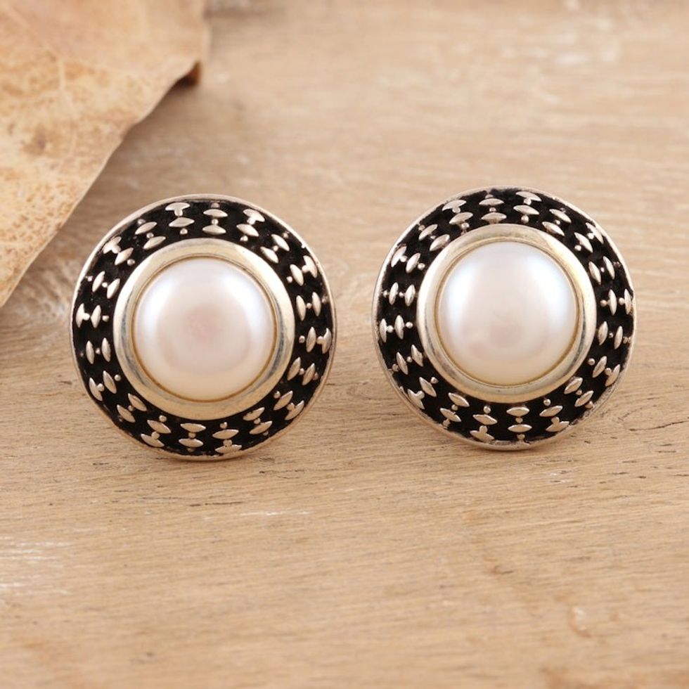 Cultured Pearl Sterling Silver Button Earrings from India 'Peace Appeal'