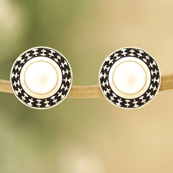 Alternate image for Cultured Pearl Sterling Silver Button Earrings from India Peace Appeal