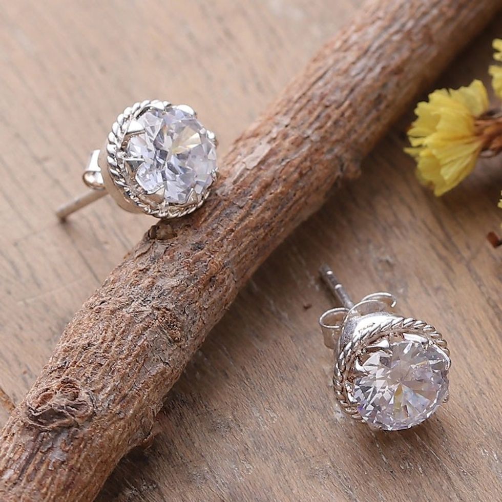 Polished Cubic Zirconia Sterling Silver Stud Earrings 'Chic Sparkle'