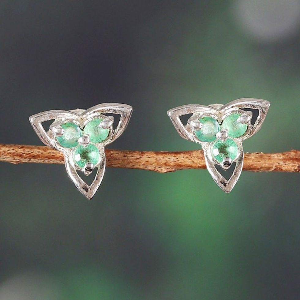 Rhodium-Plated Emerald Stud Earrings with Floral Design 'Verdant Petals'