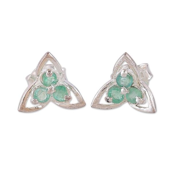 Alternate image for Rhodium-Plated Emerald Stud Earrings with Floral Design Verdant Petals