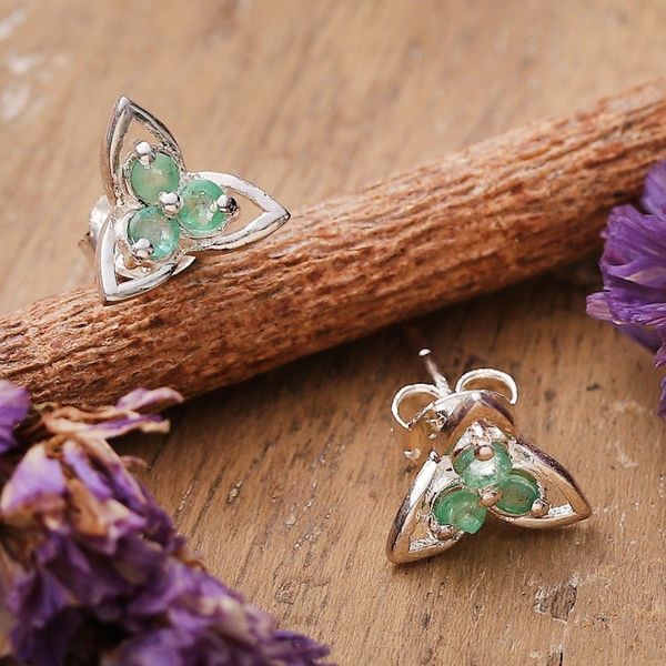 Alternate image for Rhodium-Plated Emerald Stud Earrings with Floral Design Verdant Petals