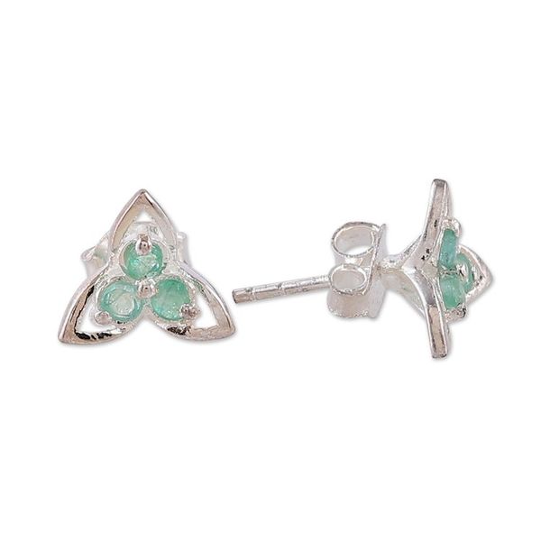 Alternate image for Rhodium-Plated Emerald Stud Earrings with Floral Design Verdant Petals