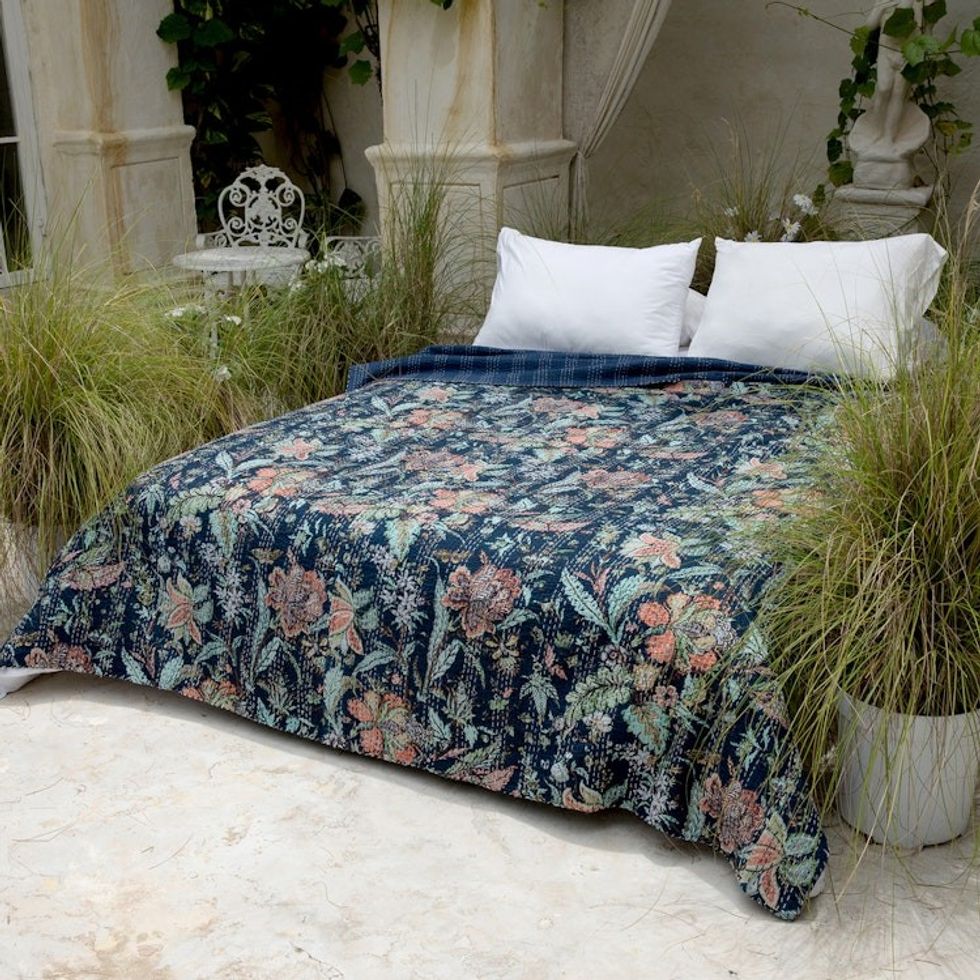 Floral Kantha Embroidered Indigo Blue Cotton Queen Bedspread 'Midnight Spring'