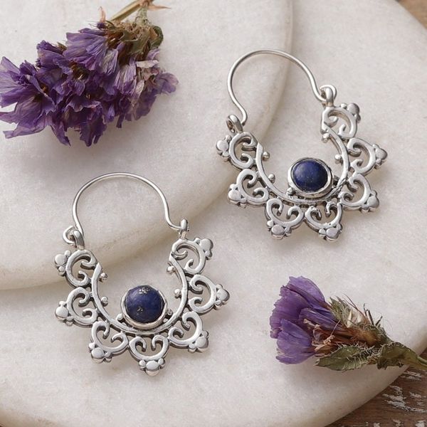 Alternate image for Polished and Oxidized Lapis Lazuli Cabochon Hoop Earrings Blue Diadems