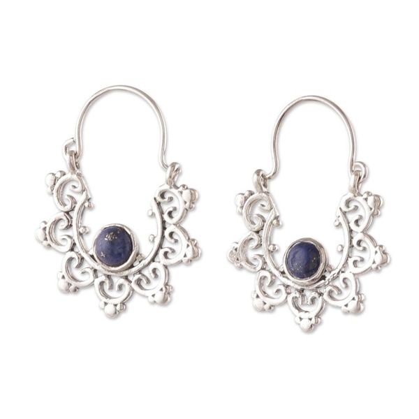 Alternate image for Polished and Oxidized Lapis Lazuli Cabochon Hoop Earrings Blue Diadems