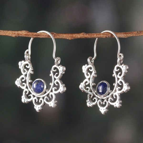 Alternate image for Polished and Oxidized Lapis Lazuli Cabochon Hoop Earrings Blue Diadems