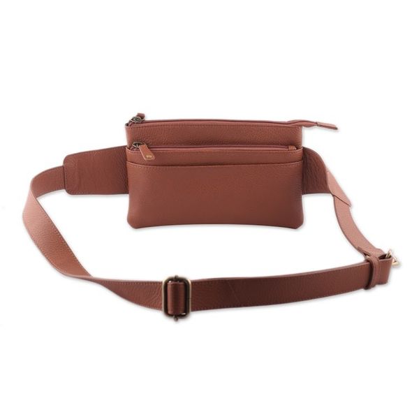Alternate image for Brown Leather Fanny Pack with 2 Zippered Compartments Handy Traveler