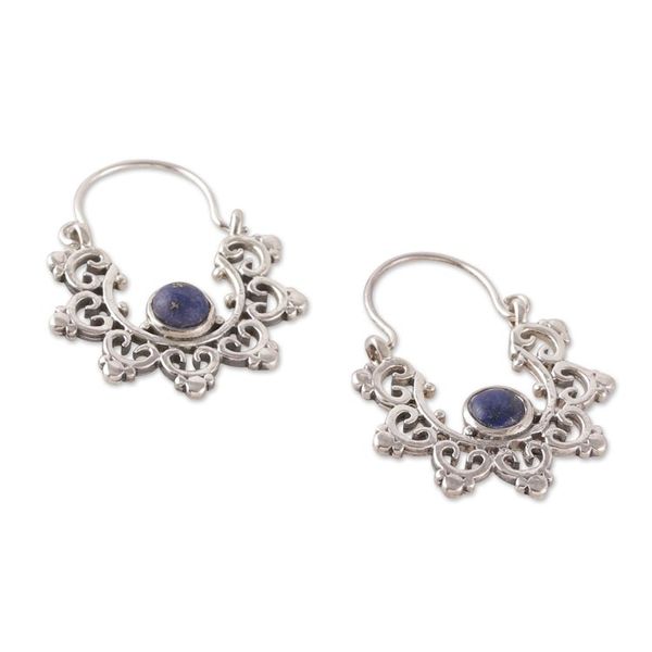 Alternate image for Polished and Oxidized Lapis Lazuli Cabochon Hoop Earrings Blue Diadems