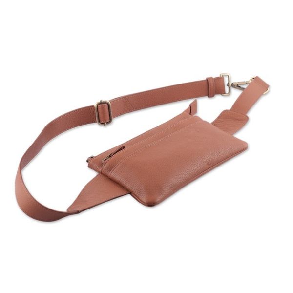 Alternate image for Brown Leather Fanny Pack with 2 Zippered Compartments Handy Traveler