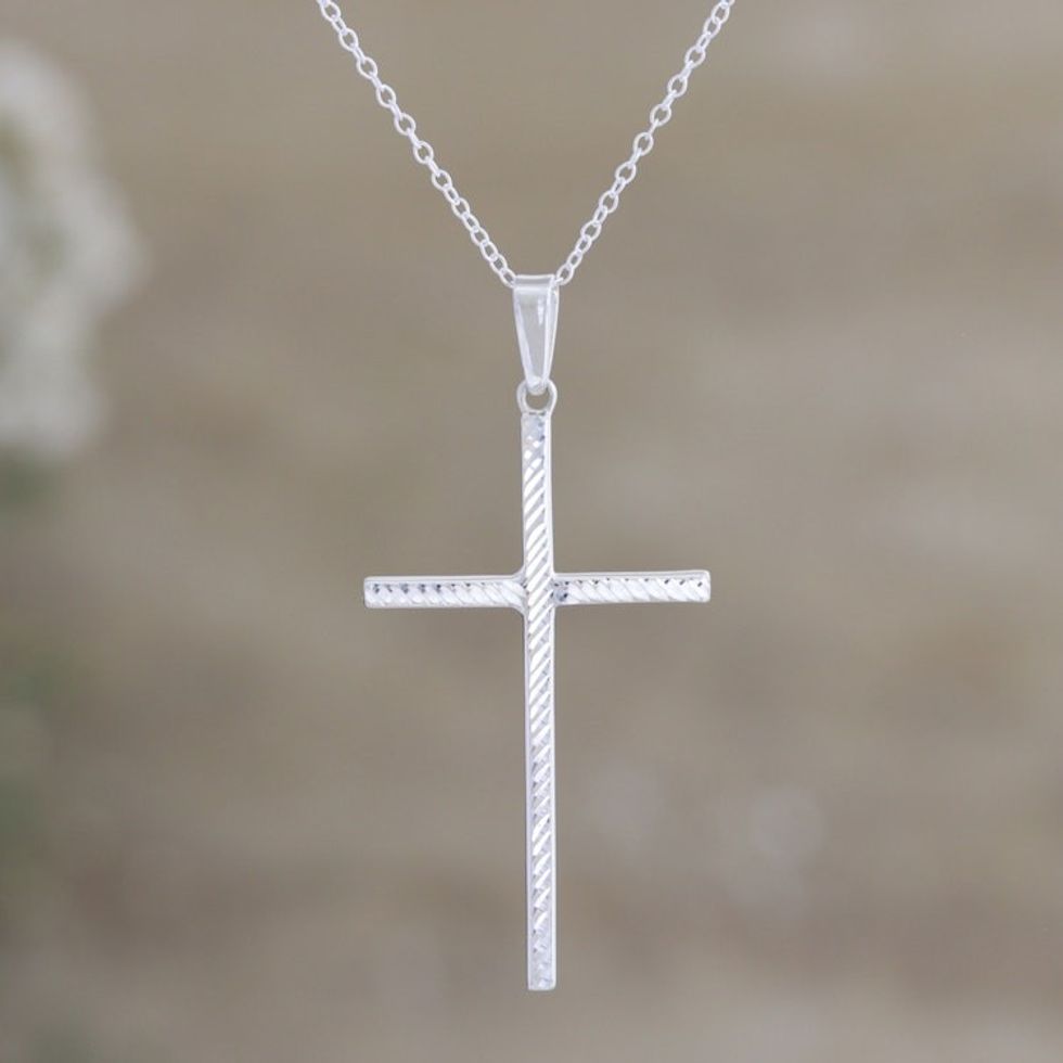 Sterling Silver Cross Pendant Necklace Crafted in India 'Luminous Hope'