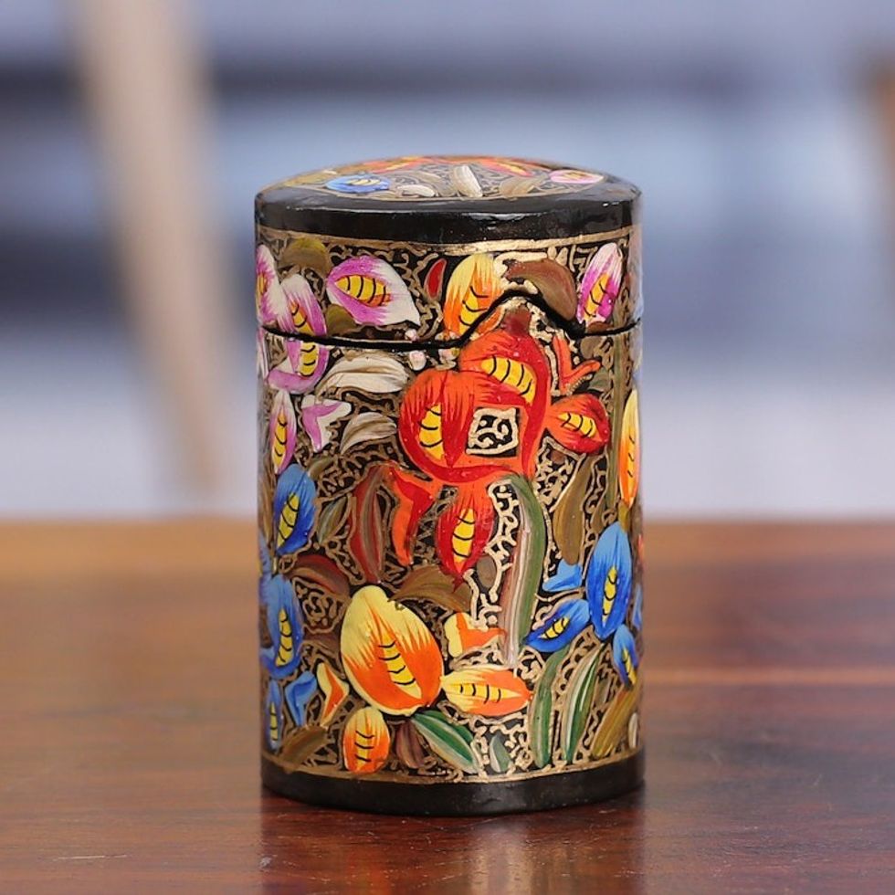 Hand-Painted Floral Papier Mache on Wood Toothpick Holder 'Floral Grandeur'