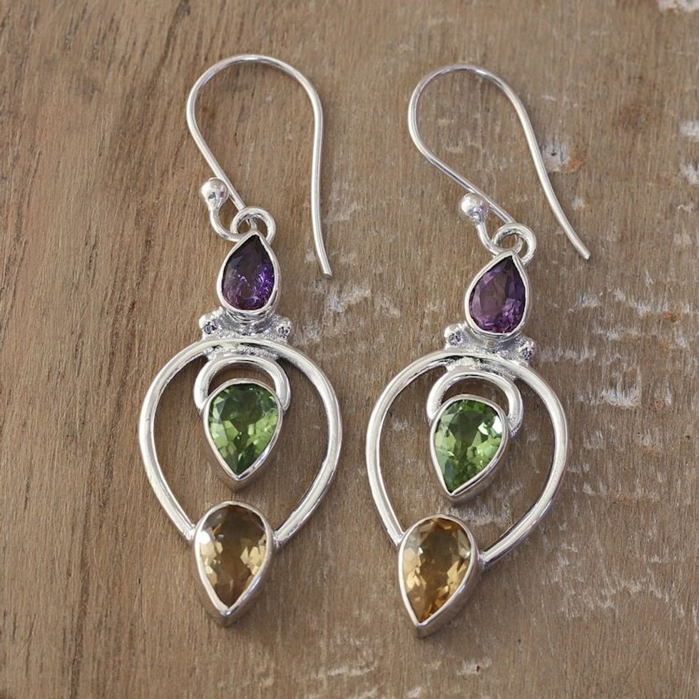 4-Carat Multi-Gemstone Dangle Earrings in a Polished Finish 'Fantasy Fusion'