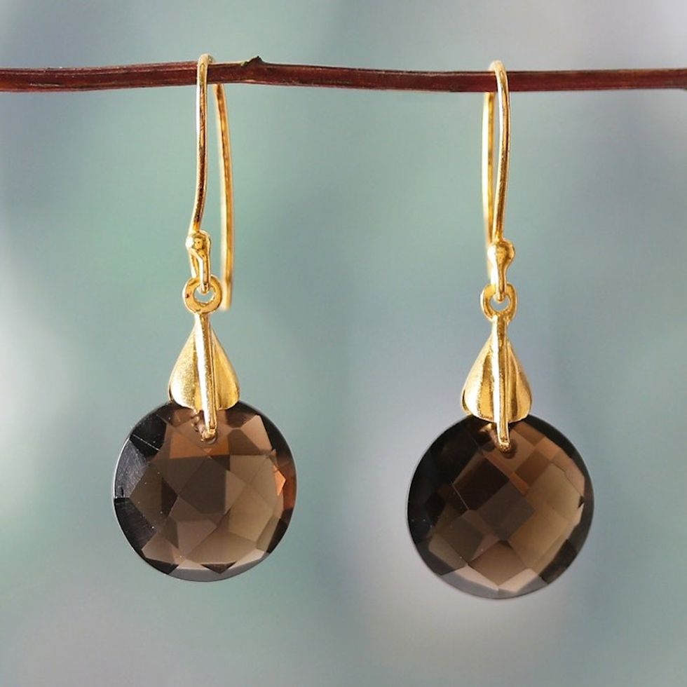 22k Gold-Plated Smoky Quartz Dangle Earrings from India 'Evening Dazzle'