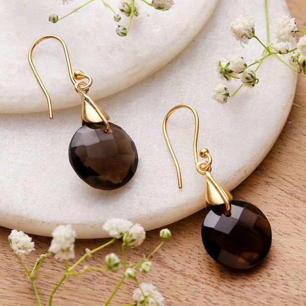 Alternate image for 22k Gold-Plated Smoky Quartz Dangle Earrings from India Evening Dazzle