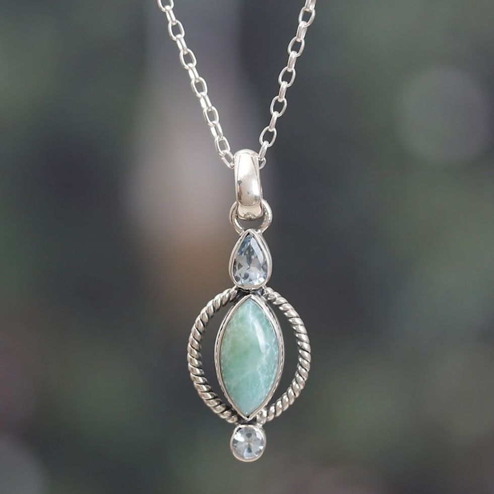 Classic Faceted Blue Topaz and Larimar Pendant Necklace 'Blue Core'
