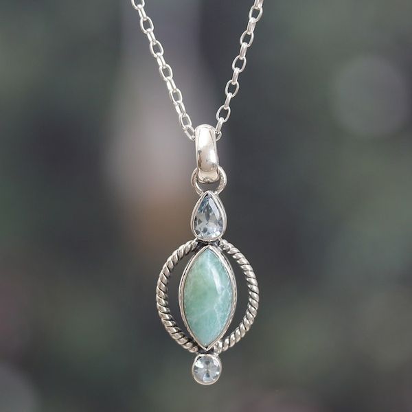 Alternate image for Classic Faceted Blue Topaz and Larimar Pendant Necklace Blue Core