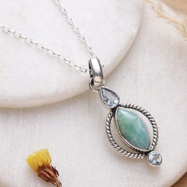 Alternate image for Classic Faceted Blue Topaz and Larimar Pendant Necklace Blue Core