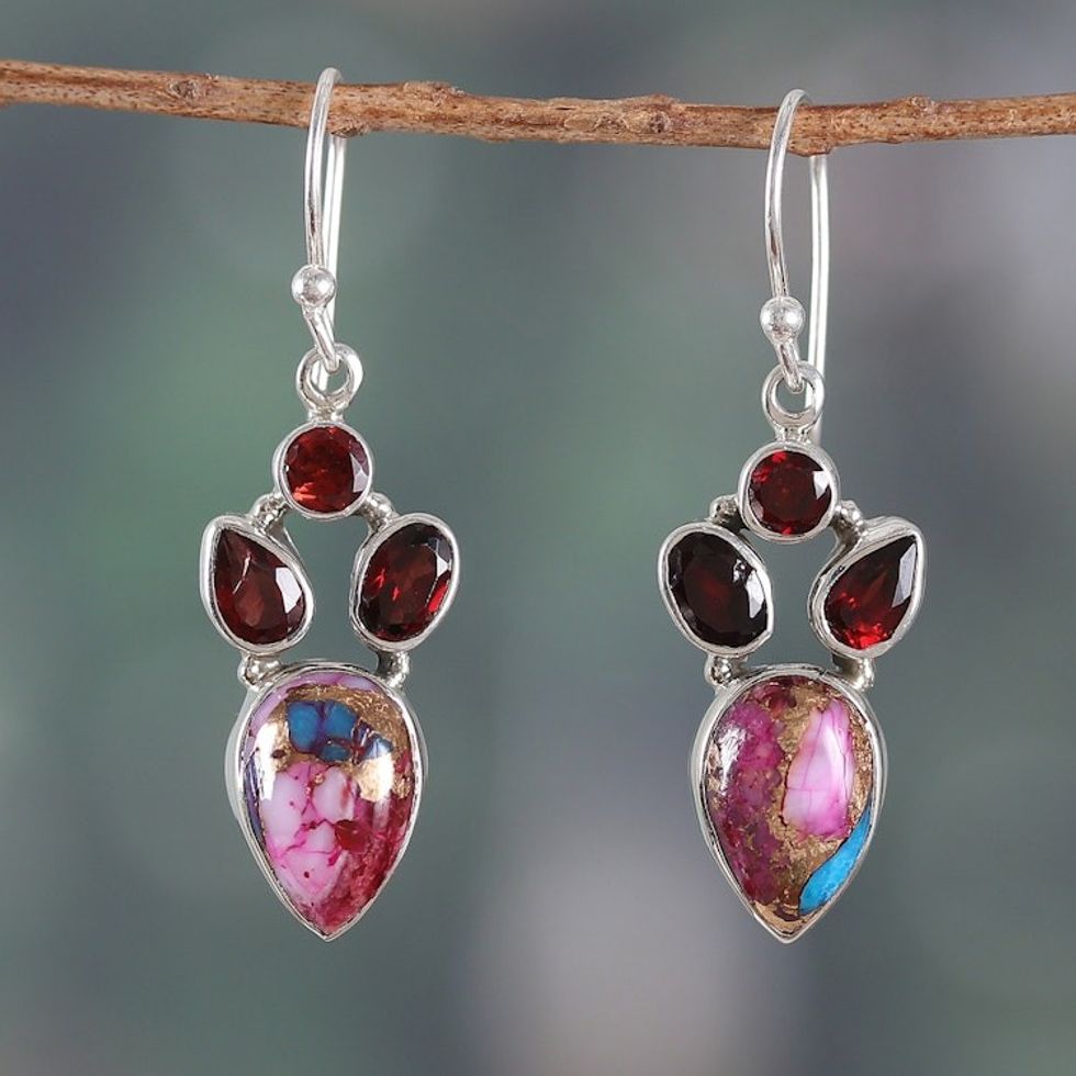 Garnet and Composite Turquoise Dangle Earrings from India 'Song of Romance'