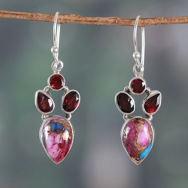 Alternate image for Garnet and Composite Turquoise Dangle Earrings from India Song of Romance