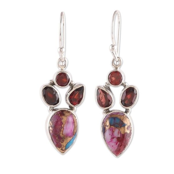 Alternate image for Garnet and Composite Turquoise Dangle Earrings from India Song of Romance