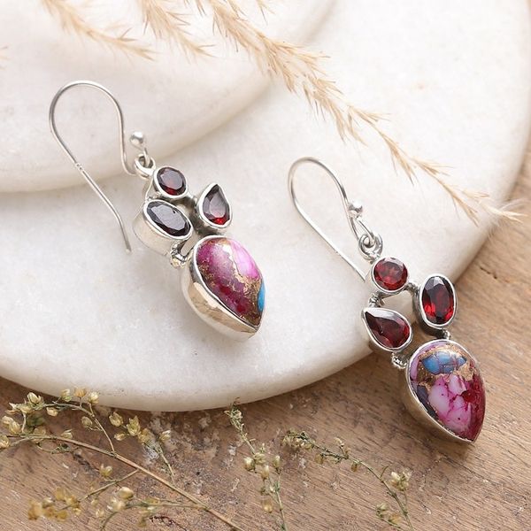 Alternate image for Garnet and Composite Turquoise Dangle Earrings from India Song of Romance