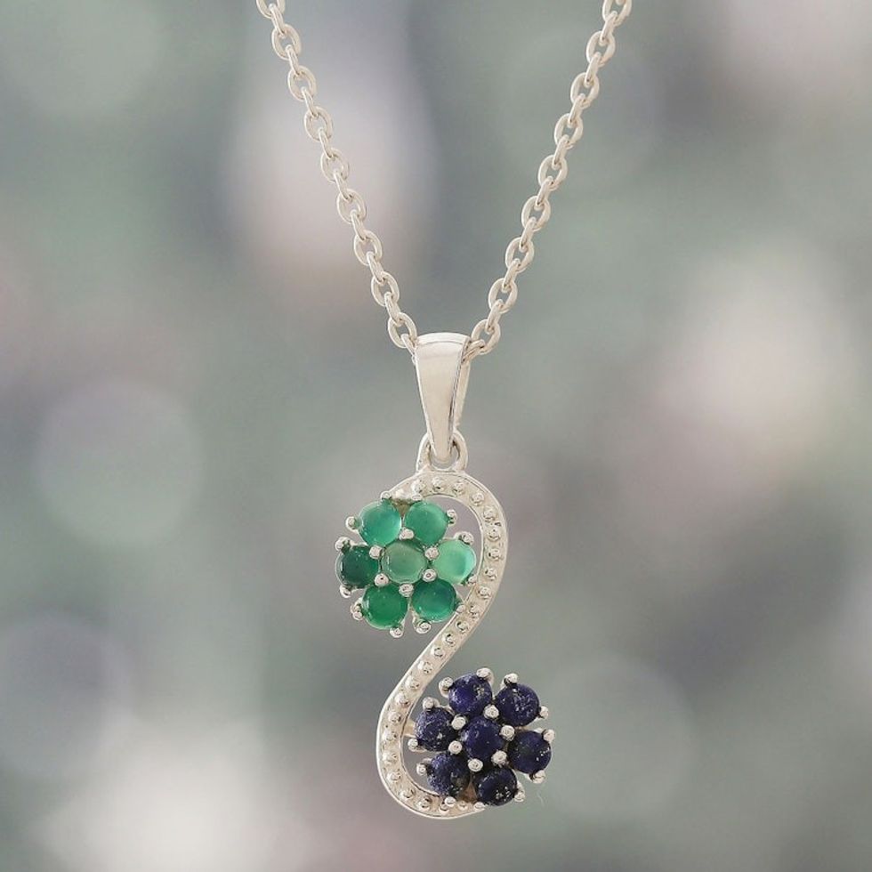 Lapis Lazuli and Green Onyx Cabochon Pendant Necklace 'Serpentine Symphony'