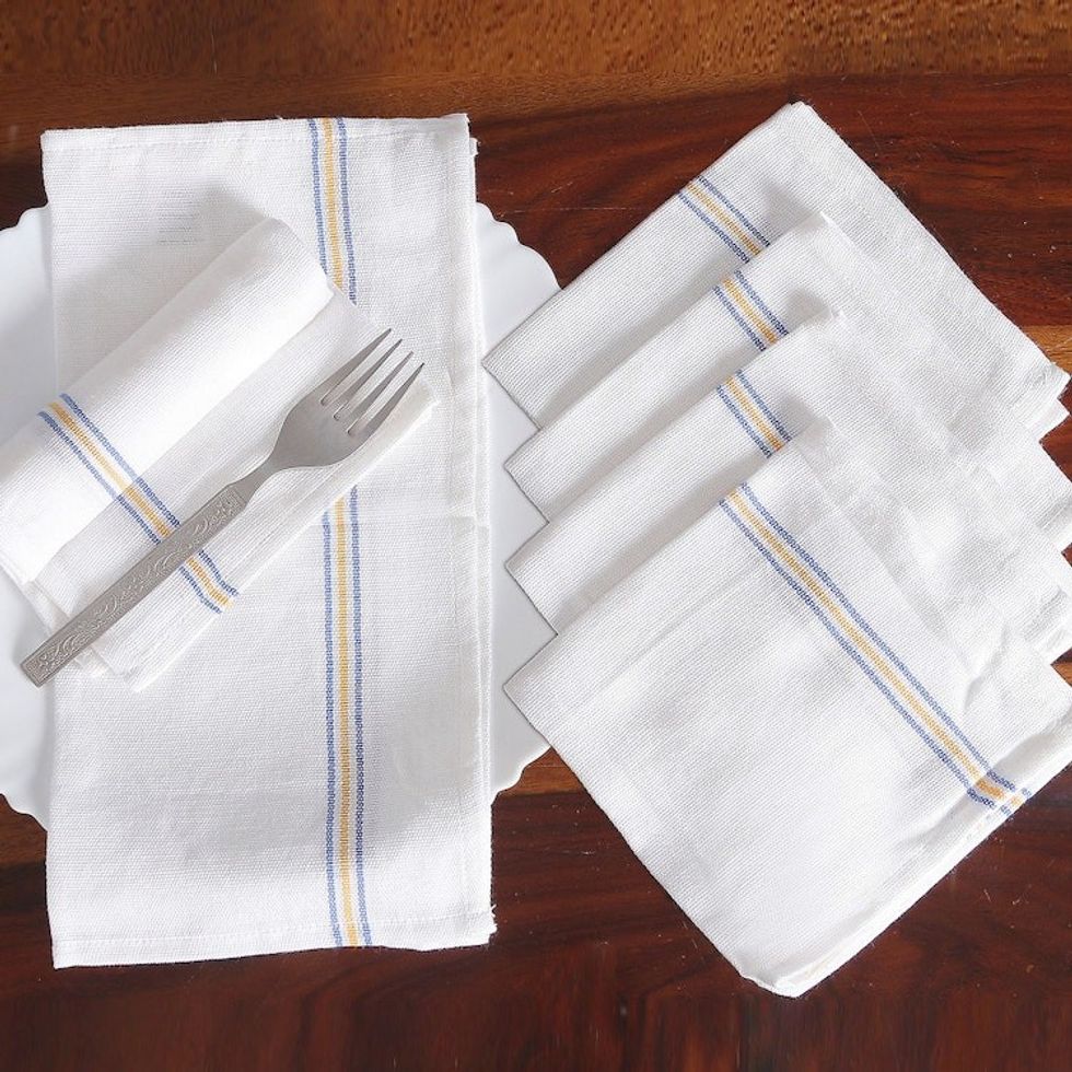 Set of 6 Woven Yellow and Blue Striped White Cotton Napkins 'Glorious Table'