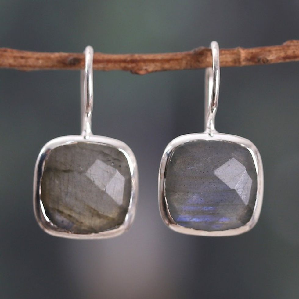 High-Polished 12-Carat Natural Labradorite Drop Earrings 'New Essence'