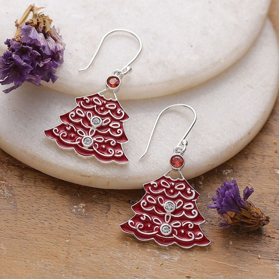 Christmas Tree-Shaped Crimson Cubic Zirconia Dangle Earrings 'Crimson Christmas'