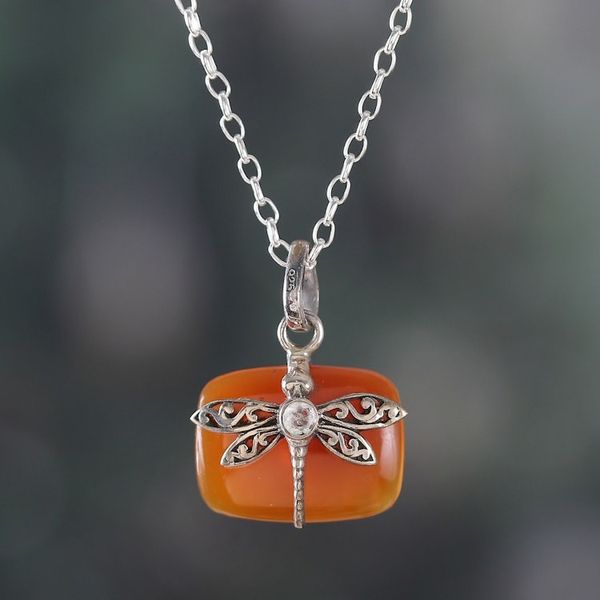 Alternate image for Natural Carnelian Dragonfly Pendant Necklace with Quartz Gem Courageous Flutter