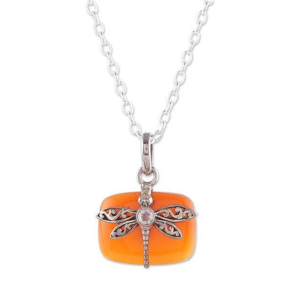 Alternate image for Natural Carnelian Dragonfly Pendant Necklace with Quartz Gem Courageous Flutter