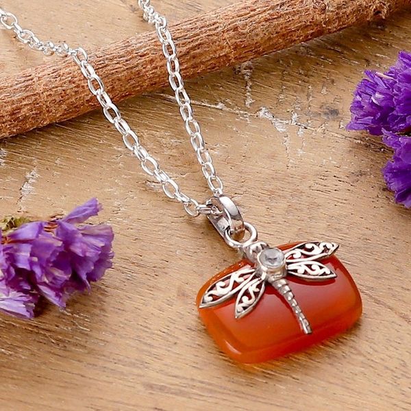 Alternate image for Natural Carnelian Dragonfly Pendant Necklace with Quartz Gem Courageous Flutter