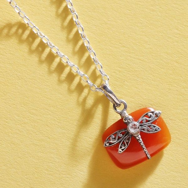 Alternate image for Natural Carnelian Dragonfly Pendant Necklace with Quartz Gem Courageous Flutter