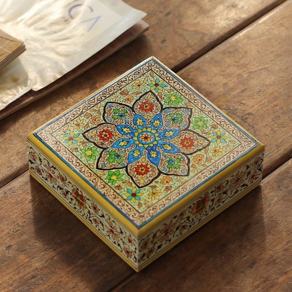 Hand-Painted Floral-Themed Papier Mache Wood Decorative Box 'Persian Bloom'