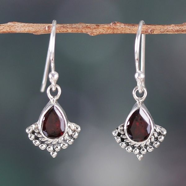 Alternate image for Garnet and Silver Dangle Earrings with Rope and Dot Accents Red Artistry