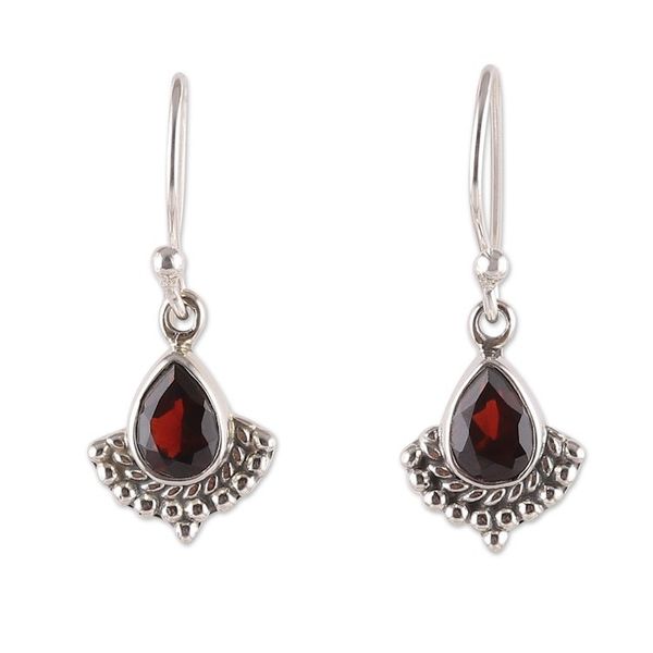 Alternate image for Garnet and Silver Dangle Earrings with Rope and Dot Accents Red Artistry
