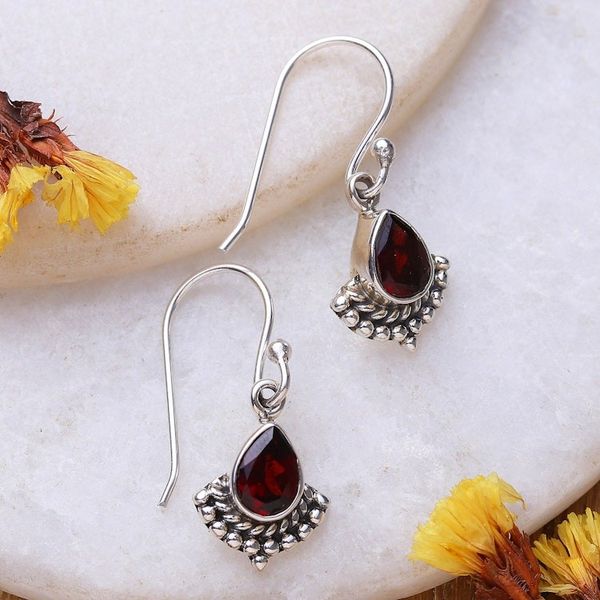 Alternate image for Garnet and Silver Dangle Earrings with Rope and Dot Accents Red Artistry