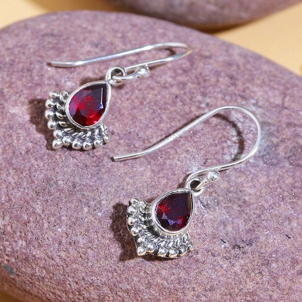 Alternate image for Garnet and Silver Dangle Earrings with Rope and Dot Accents Red Artistry