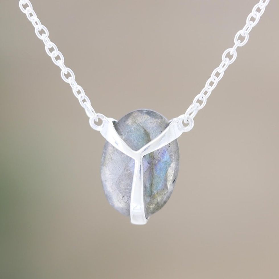 Indian Labradorite and Sterling Silver Pendant Necklace 'Air Kiss in Iridescent'