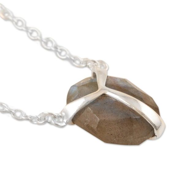 Alternate image for Indian Labradorite and Sterling Silver Pendant Necklace Air Kiss in Iridescent