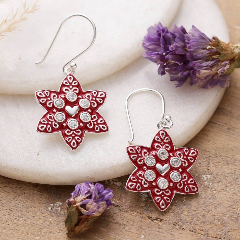 Romantic Red Enamel and Cubic Zirconia Star Dangle Earrings 'Loving Constellation'