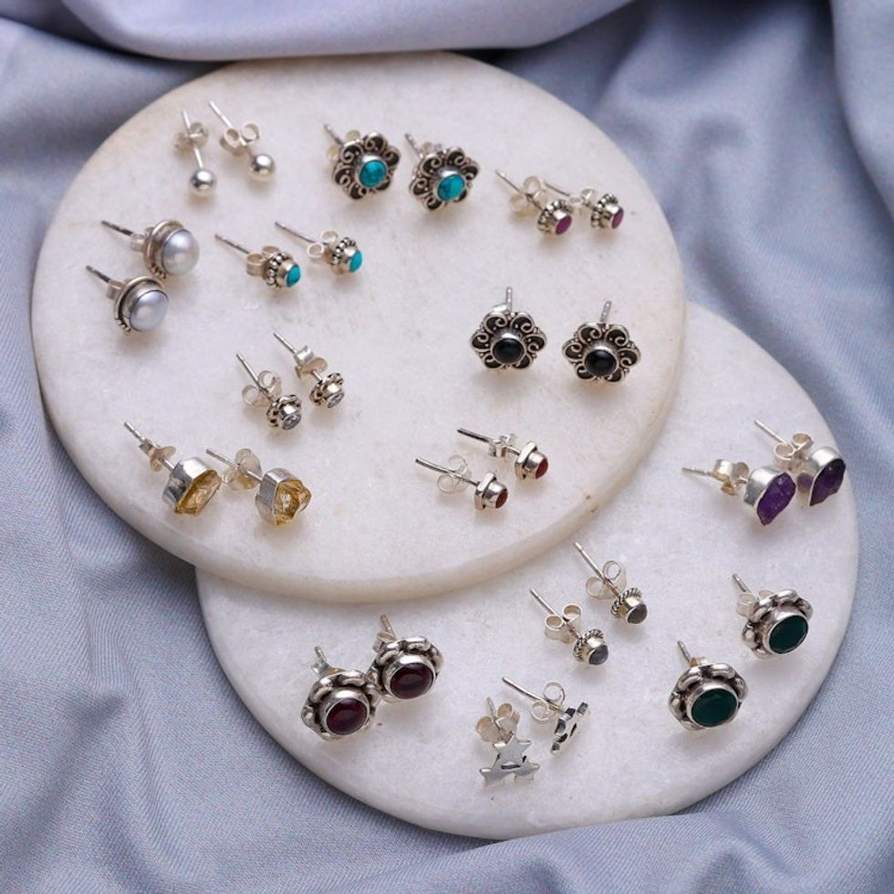 Set of 14 Gemstone Stud Earrings in a Polished Finish 'Life Gems'