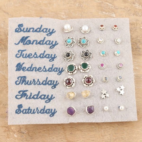 Alternate image for Set of 14 Gemstone Stud Earrings in a Polished Finish Life Gems