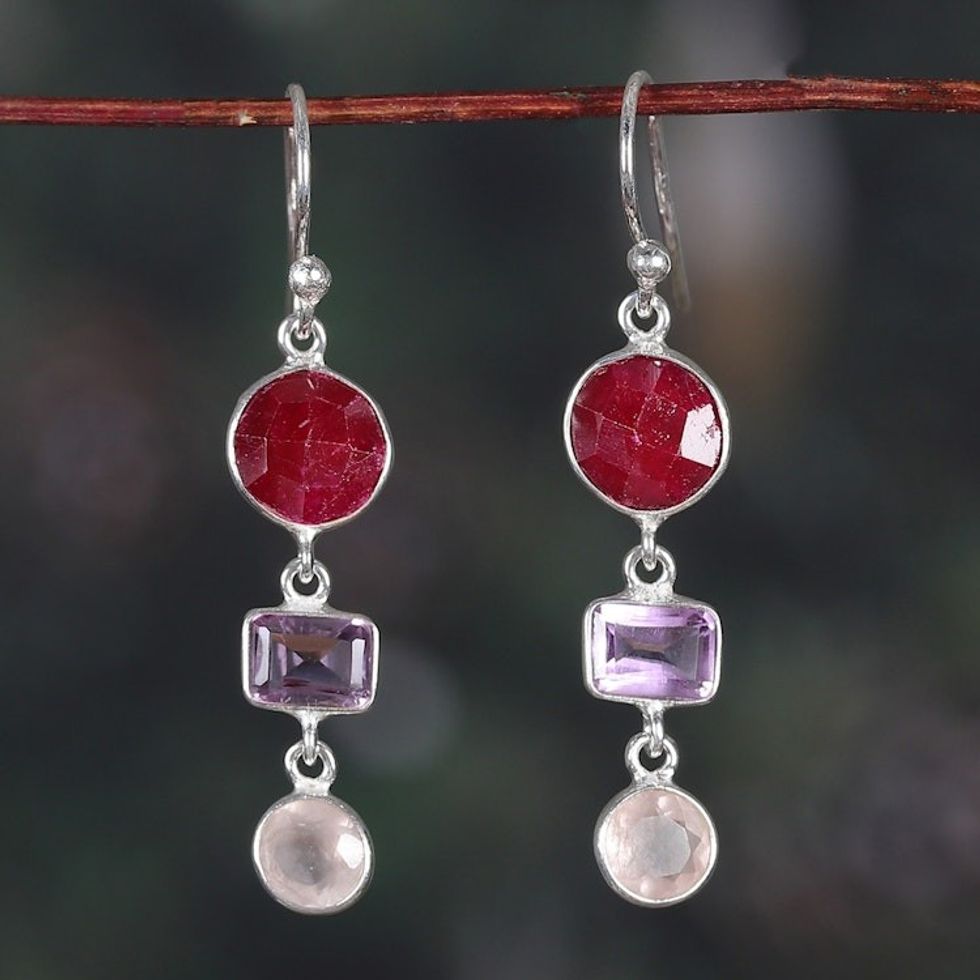 Bezel-Set 7-Carat Multi-Gemstone Dangle Earrings from India 'Reverberant'