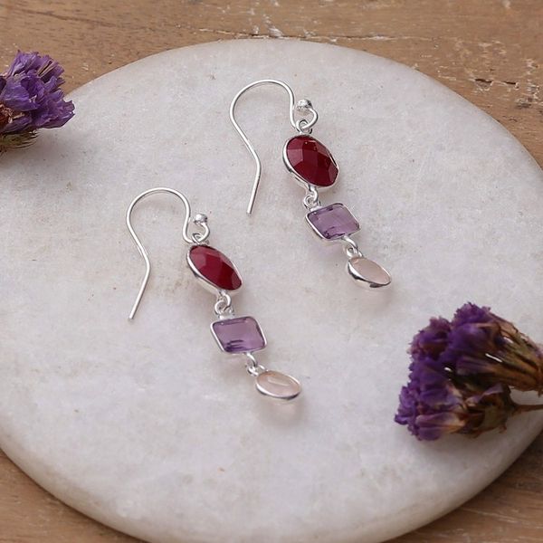 Alternate image for Bezel-Set 7-Carat Multi-Gemstone Dangle Earrings from India Reverberant