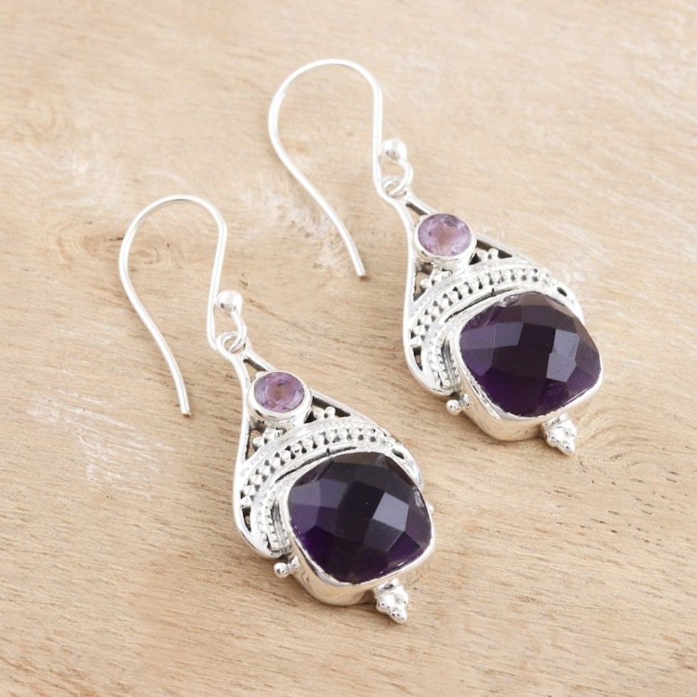 Checkerboard Amethyst Sterling Silver Dangle Earrings 'Purple Royalty'