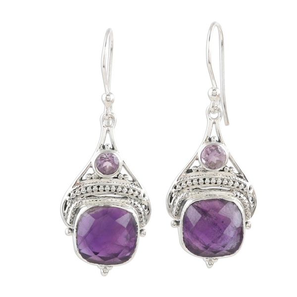 Alternate image for Checkerboard Amethyst Sterling Silver Dangle Earrings Purple Royalty