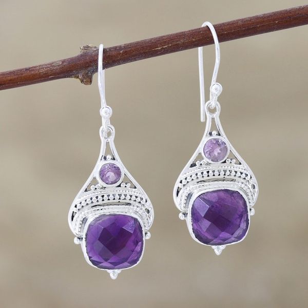 Alternate image for Checkerboard Amethyst Sterling Silver Dangle Earrings Purple Royalty