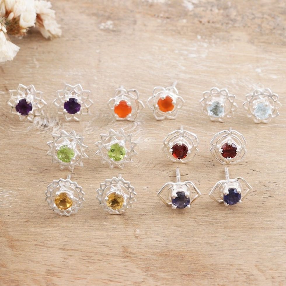 Set of 7 Gemstone and Sterling Silver Stud Earrings 'One for All'